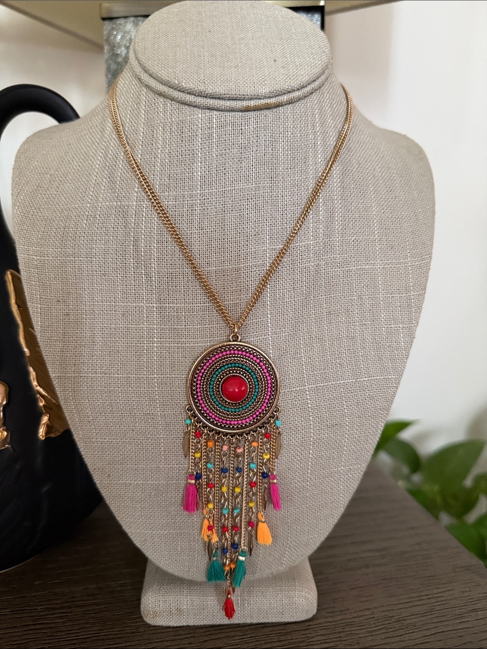 Boho Multi-Color Tassel Pendant Necklace - Gold Tone